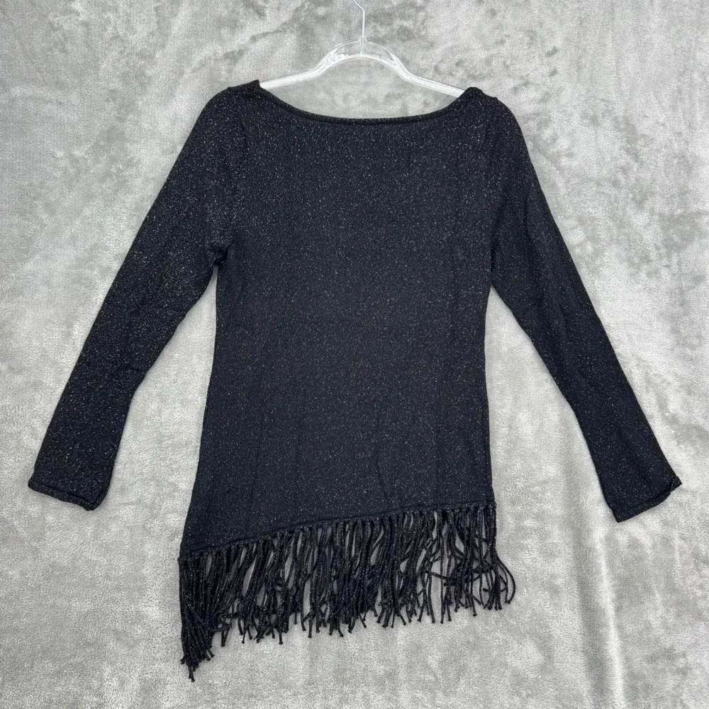 White House Black Market Sweater Womens Medium Metallic Fringe Hem Pullover Knit
